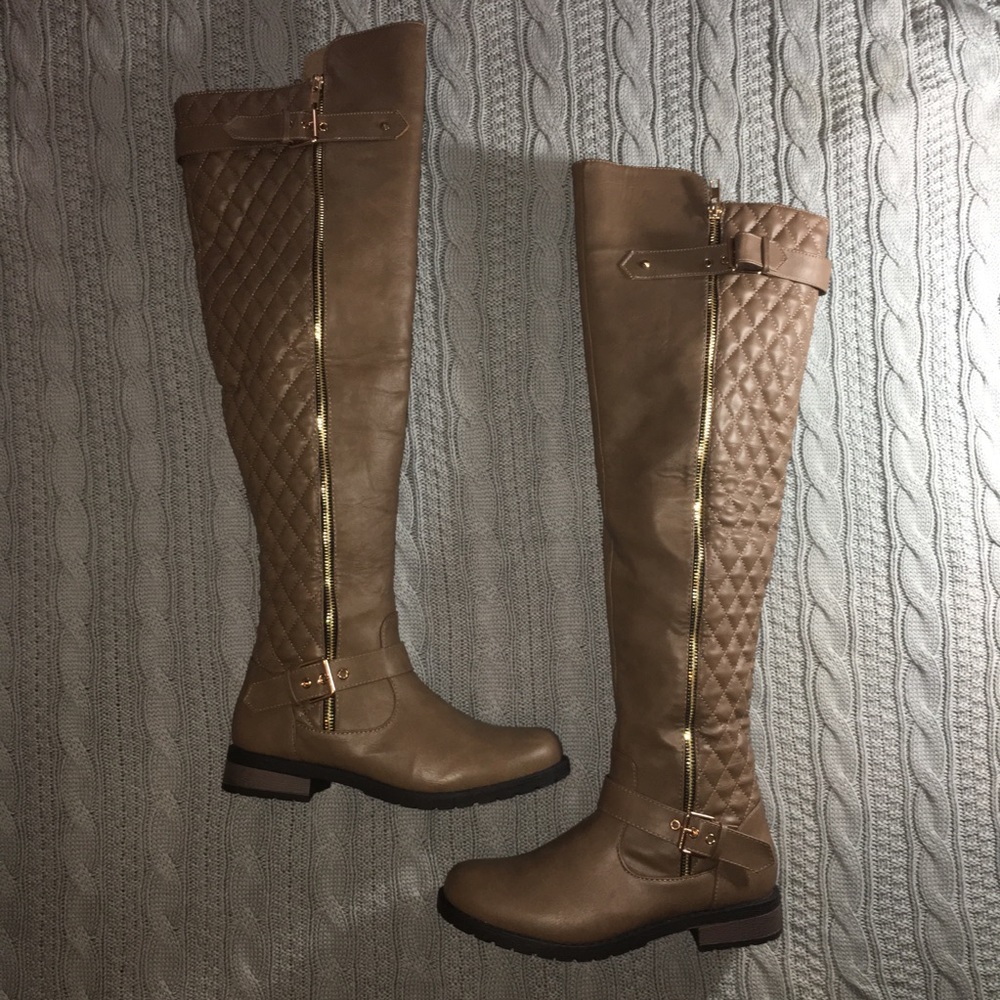Tan Quilted Over the Knee Boots with Buckle